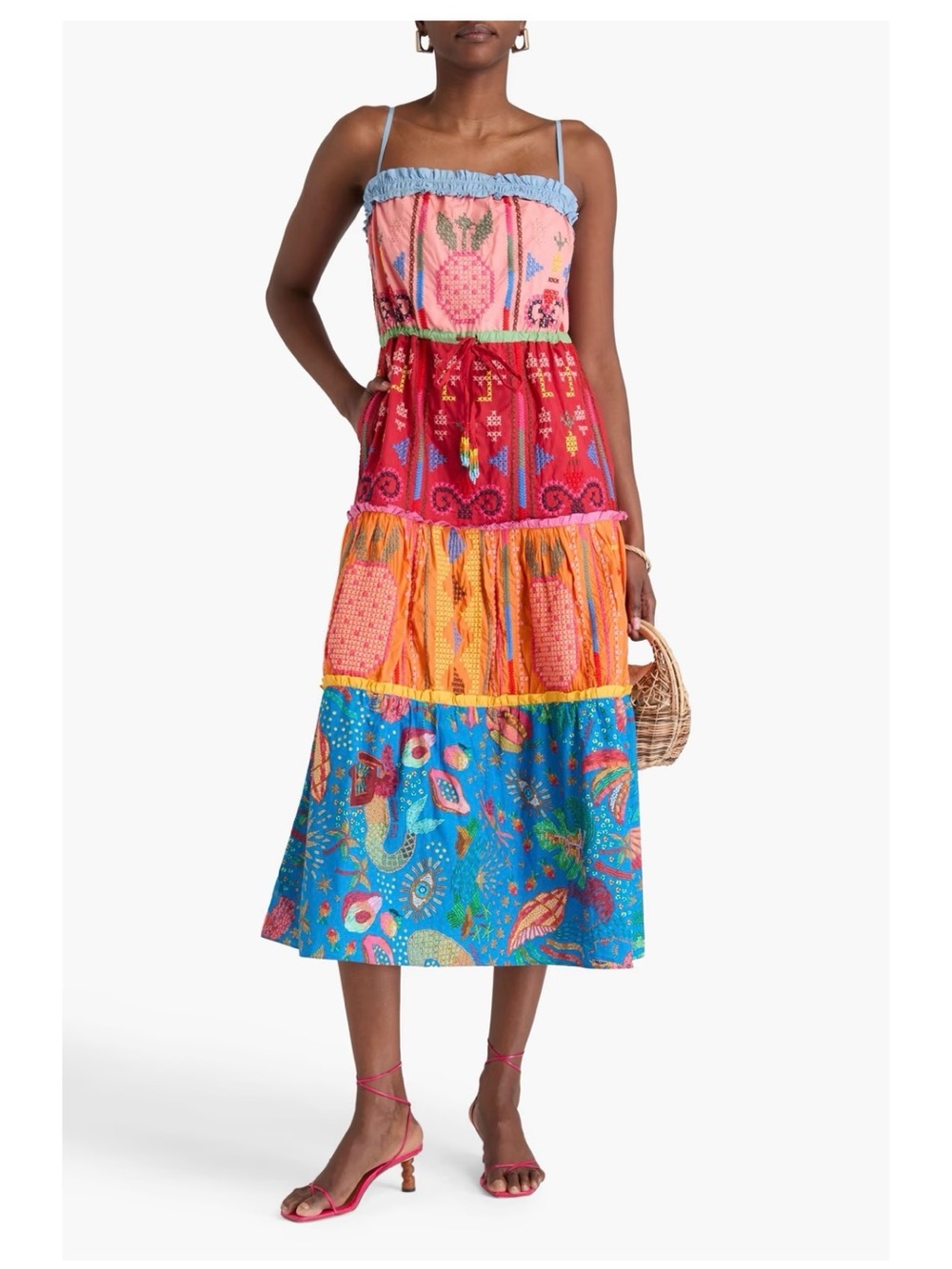 FARM Rio Multicolor Tiered Midi Dress with Blue Trim